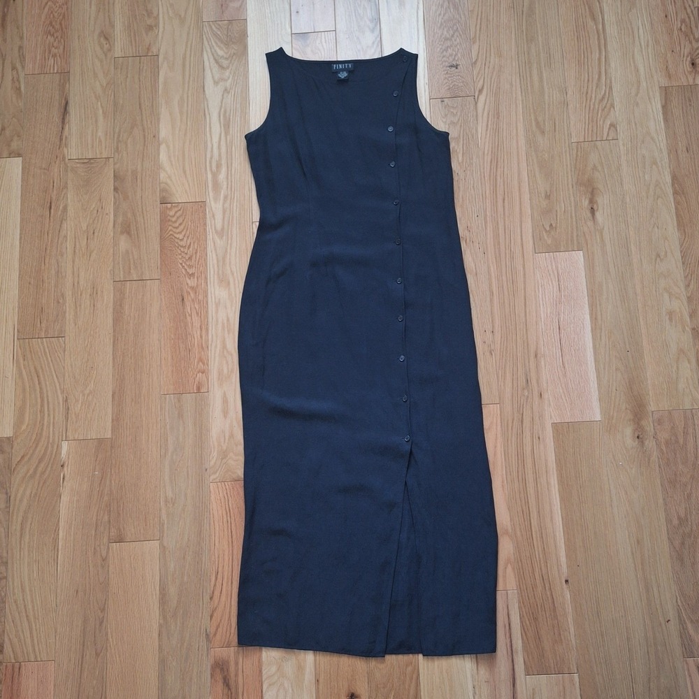 Finity Vintage 90s Silk Linen Sleeveless Asymmetric Button Midi Dress Black 10
